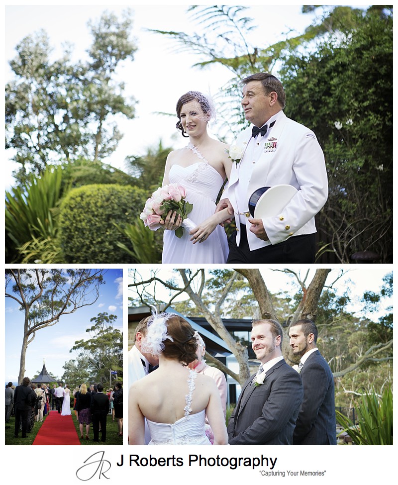 Brides arrival at wedding ceremony on the lawns of Tumbling Waters Resort - sydney wedding photography 